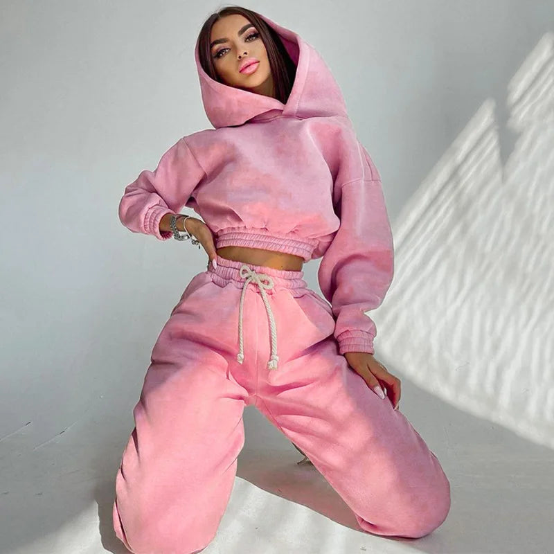 Fashion Women's Clothes Solid Color Casual Hooded Short Hoodie Girdling Drawstring Sweatpants Suit 2 Piece Sets Women Outfit