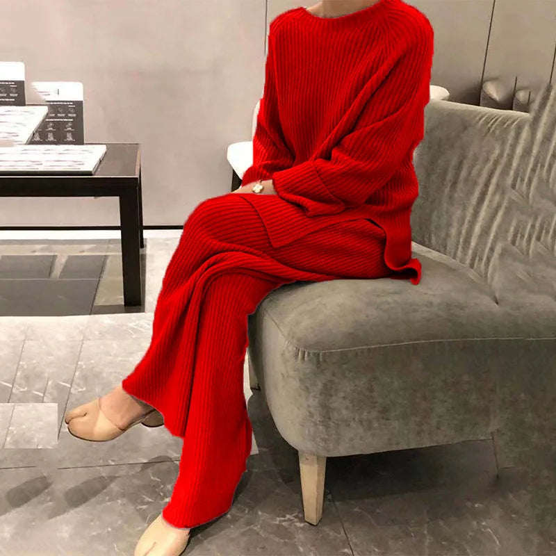 Autumn/winter Fashion Casual O-Neck Pullover Tops Knitted Pant New Homewear Pajama Winter Solid Women Two Piece Set Homewear - KIMLUD