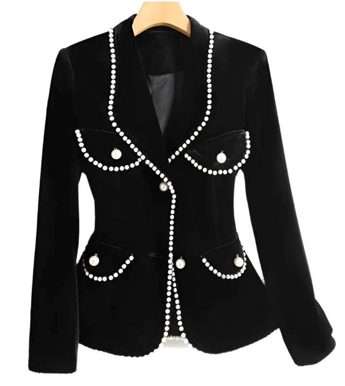 Women's beaded fashionable gold velvet suit jacket pocket slim coat