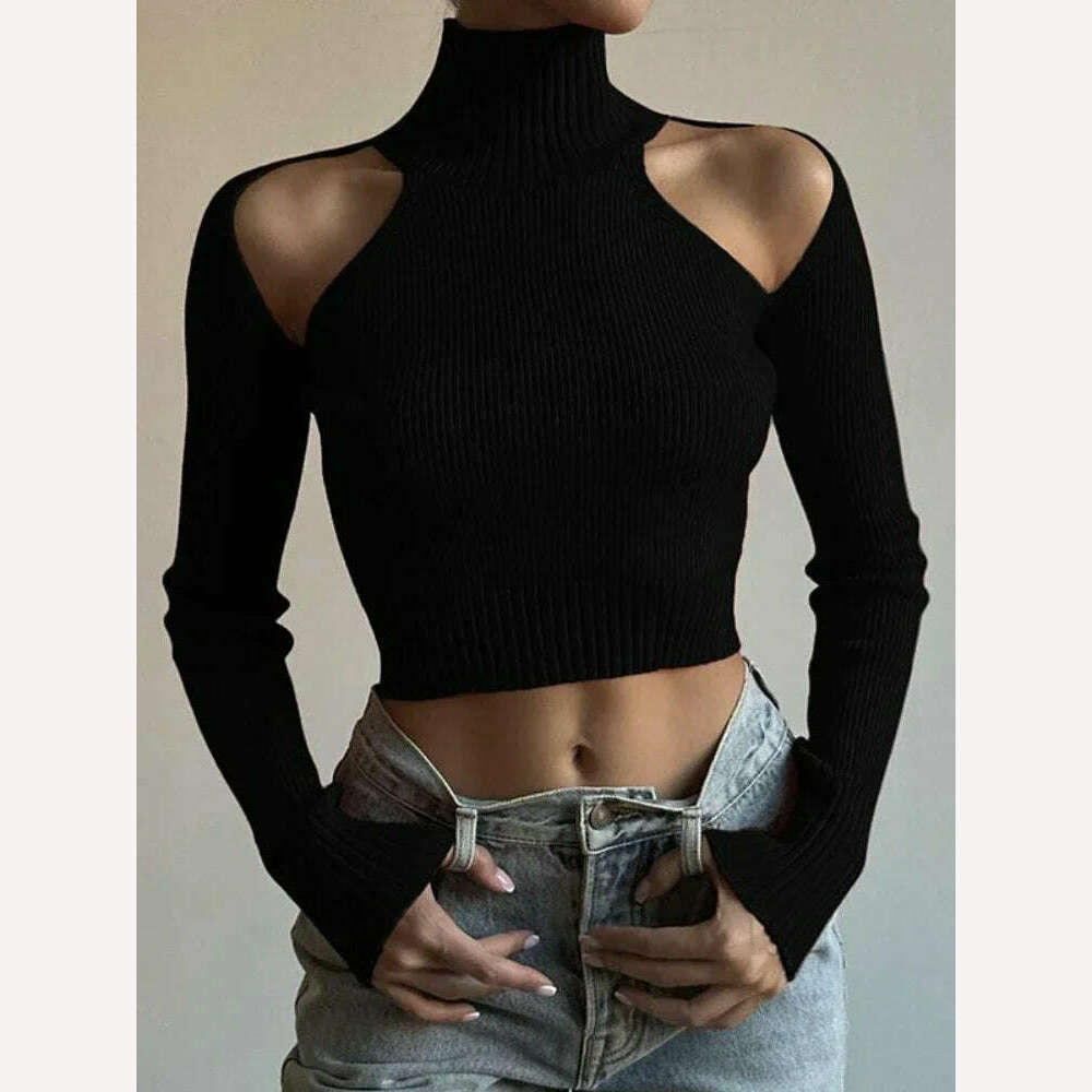 KIMLUD, ADAgirl Black Turtleneck Rib Knit T-shirt Women Hollow Out Off Shoulder Crop Top Long Sleeved Jumpers Vintage Undershirt Clothes, KIMLUD Womens Clothes