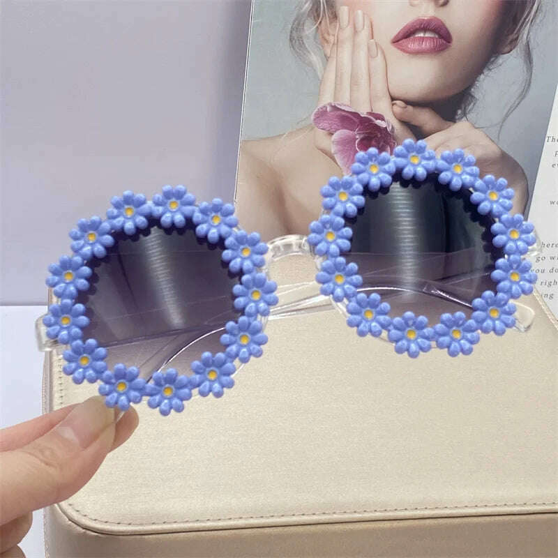 KIMLUD, Adult Women Daisy Sunglasses Fashion Ladies Cute Sun Glasses White Round Flowers Bride Gift Bridesmaid Bachelorette Party Favors, Blue / as picture, KIMLUD APPAREL - Womens Clothes