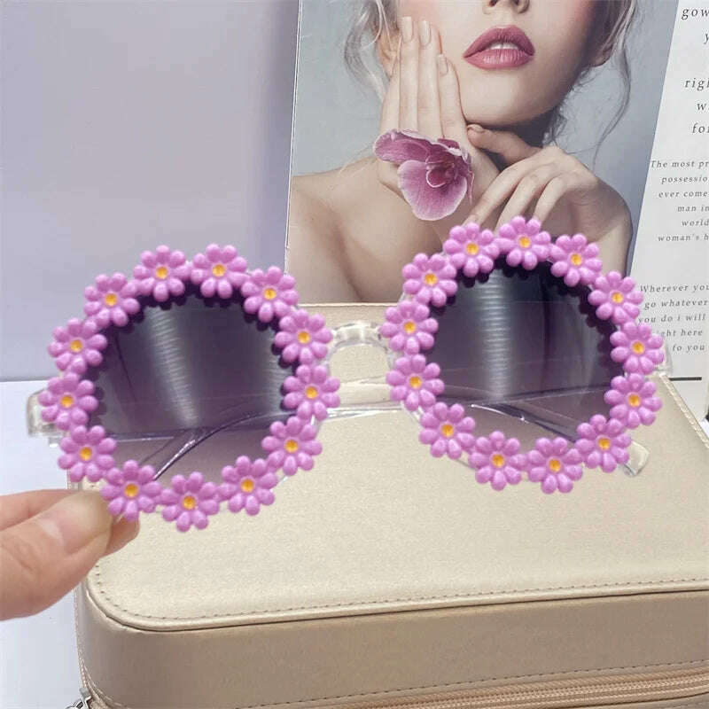 KIMLUD, Adult Women Daisy Sunglasses Fashion Ladies Cute Sun Glasses White Round Flowers Bride Gift Bridesmaid Bachelorette Party Favors, PURPLE / as picture, KIMLUD APPAREL - Womens Clothes