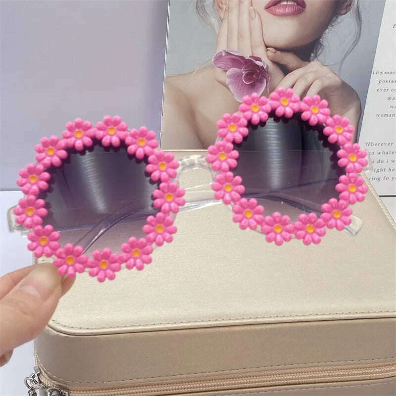 KIMLUD, Adult Women Daisy Sunglasses Fashion Ladies Cute Sun Glasses White Round Flowers Bride Gift Bridesmaid Bachelorette Party Favors, Rose Red / as picture, KIMLUD APPAREL - Womens Clothes