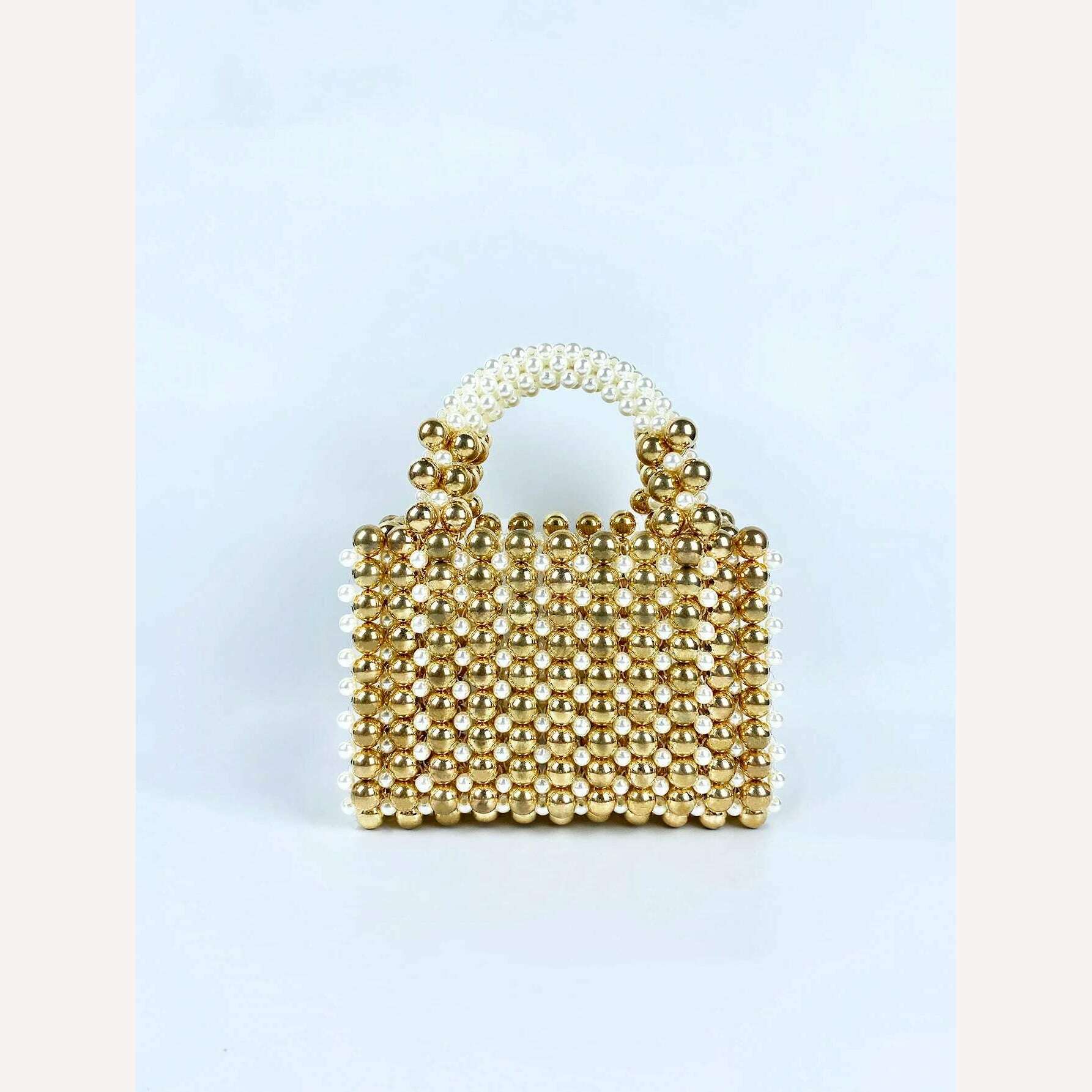 Advanced mobile phone bag with gold round beads, acrylic handheld beaded handmade women's bag, fashionable casual dinner bag - KIMLUD