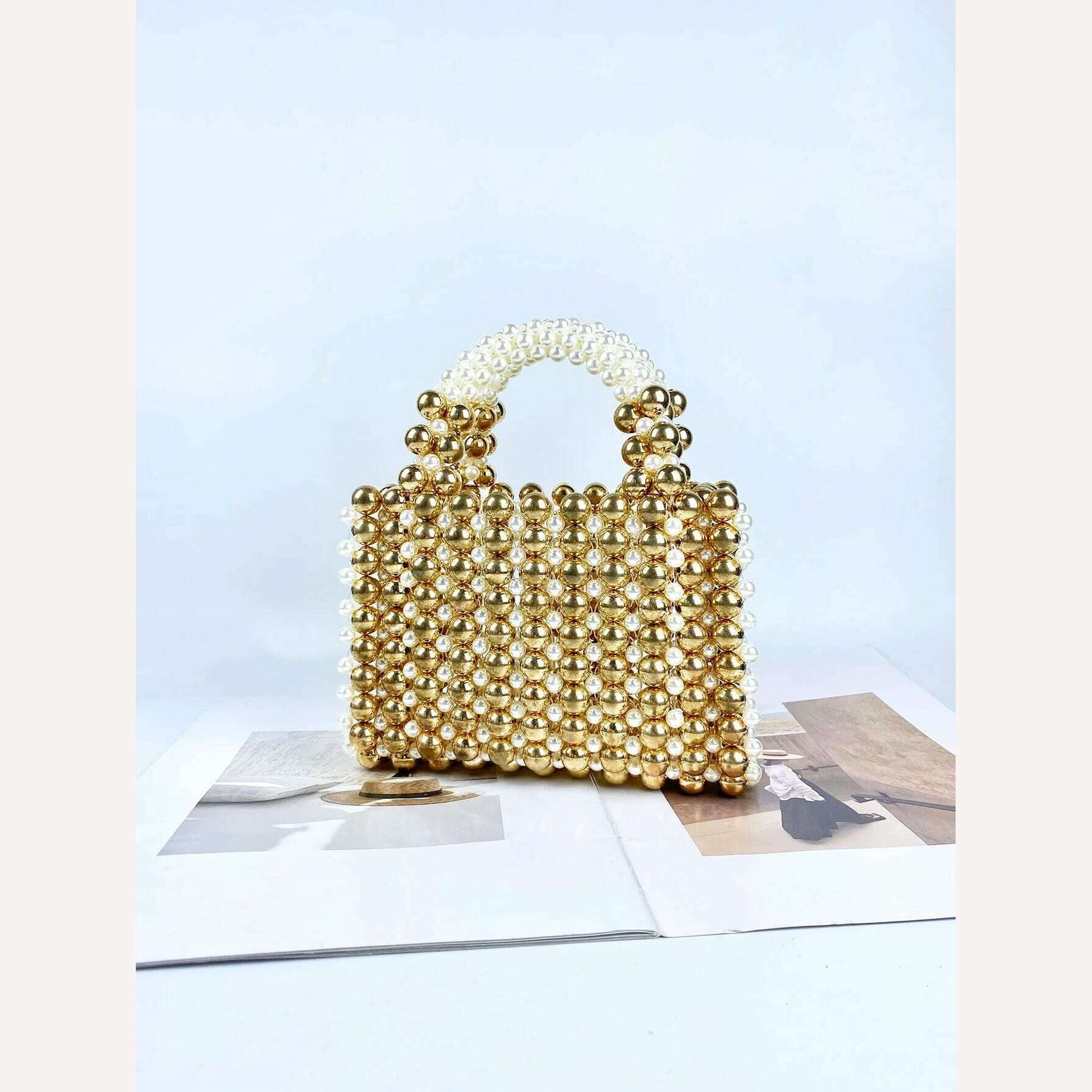 KIMLUD, Advanced mobile phone bag with gold round beads, acrylic handheld beaded handmade women's bag, fashionable casual dinner bag, KIMLUD Womens Clothes