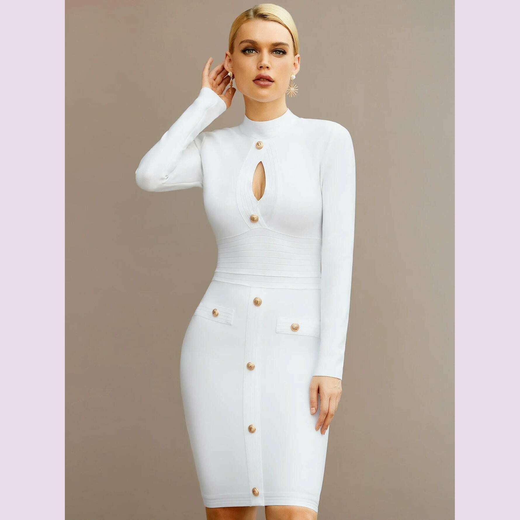 KIMLUD, Adyce New Arrivals Women White Long Sleeve Bodycon Bandage Celebrity Party Dress Sexy Hollow Out Buttons Club Runway Dress 2024, KIMLUD Womens Clothes