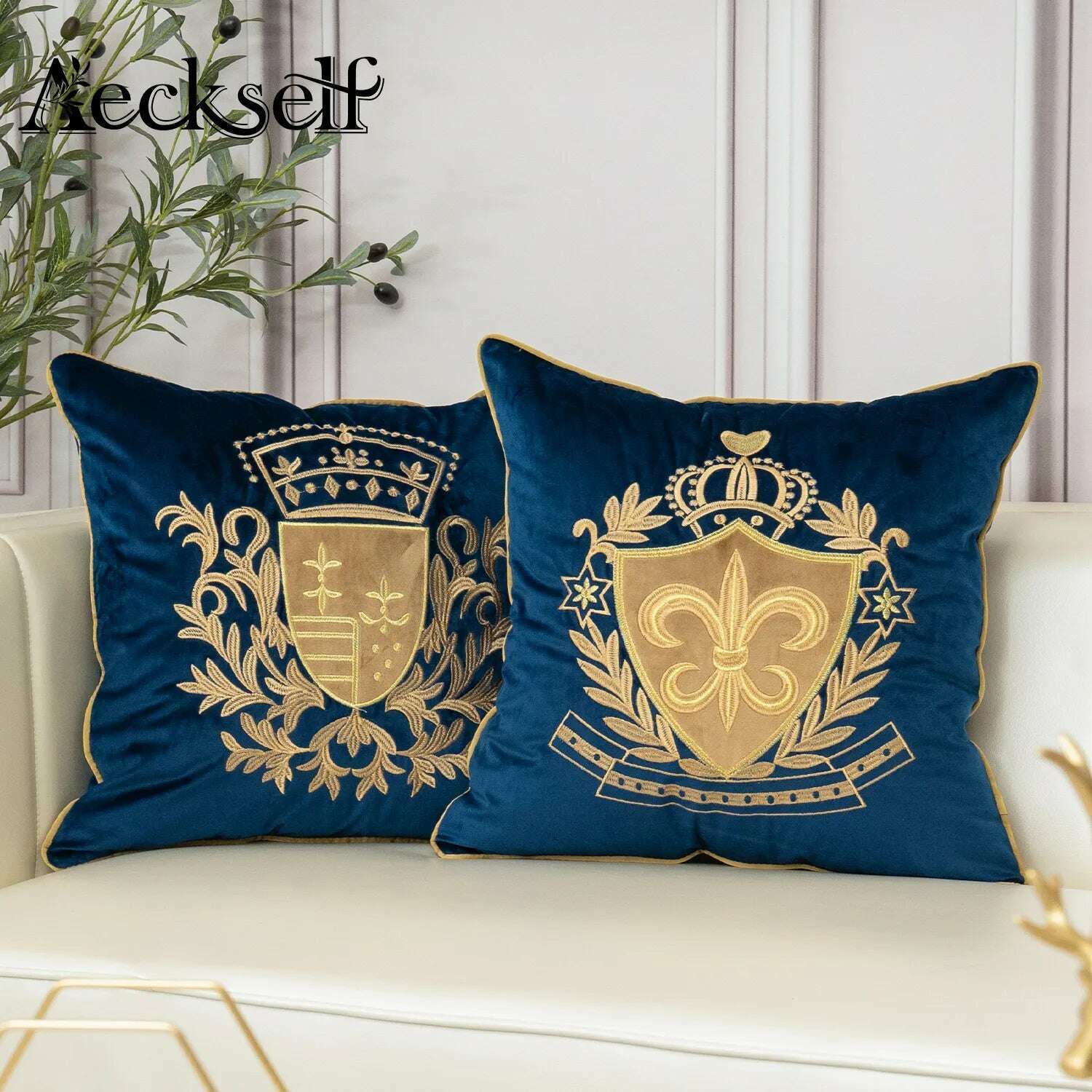 KIMLUD, Aeckself Luxury European Embroidery Velvet Cushion Cover Home Decor Navy Blue Gold Beige Black Throw Pillow Case, KIMLUD Womens Clothes