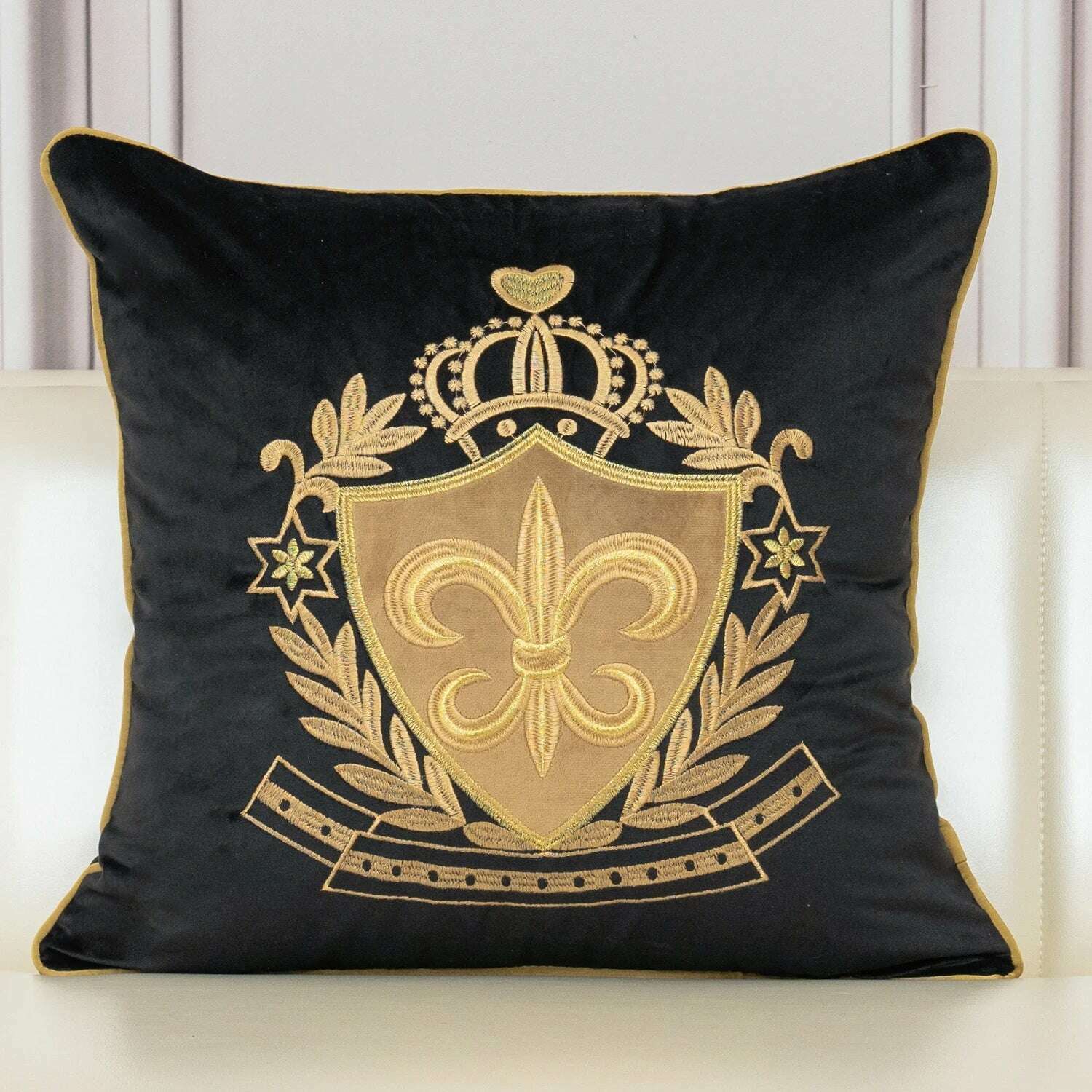 KIMLUD, Aeckself Luxury European Embroidery Velvet Cushion Cover Home Decor Navy Blue Gold Beige Black Throw Pillow Case, 45x45cm / Black-HLS, KIMLUD Womens Clothes