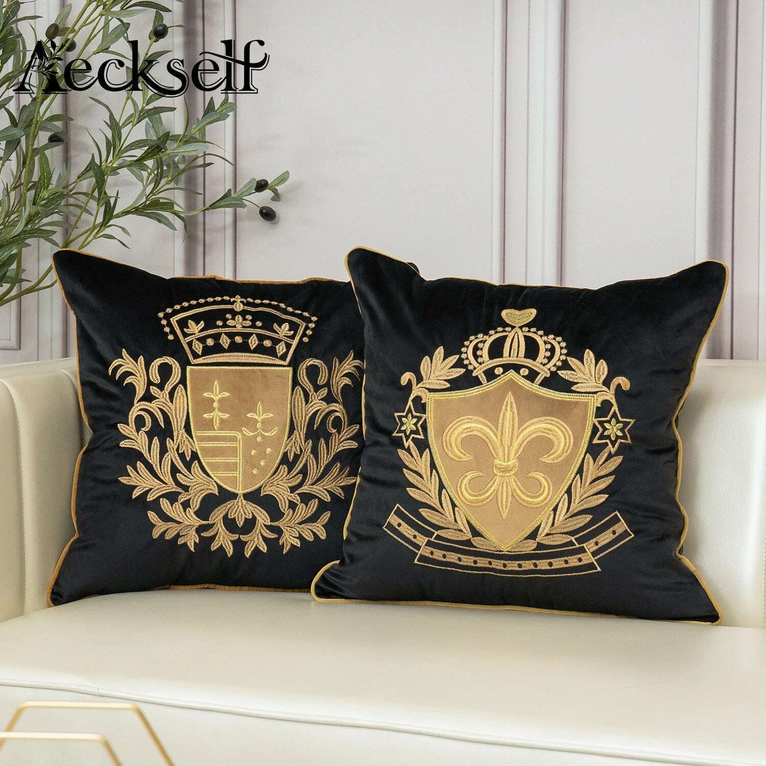 KIMLUD, Aeckself Luxury European Embroidery Velvet Cushion Cover Home Decor Navy Blue Gold Beige Black Throw Pillow Case, KIMLUD Womens Clothes