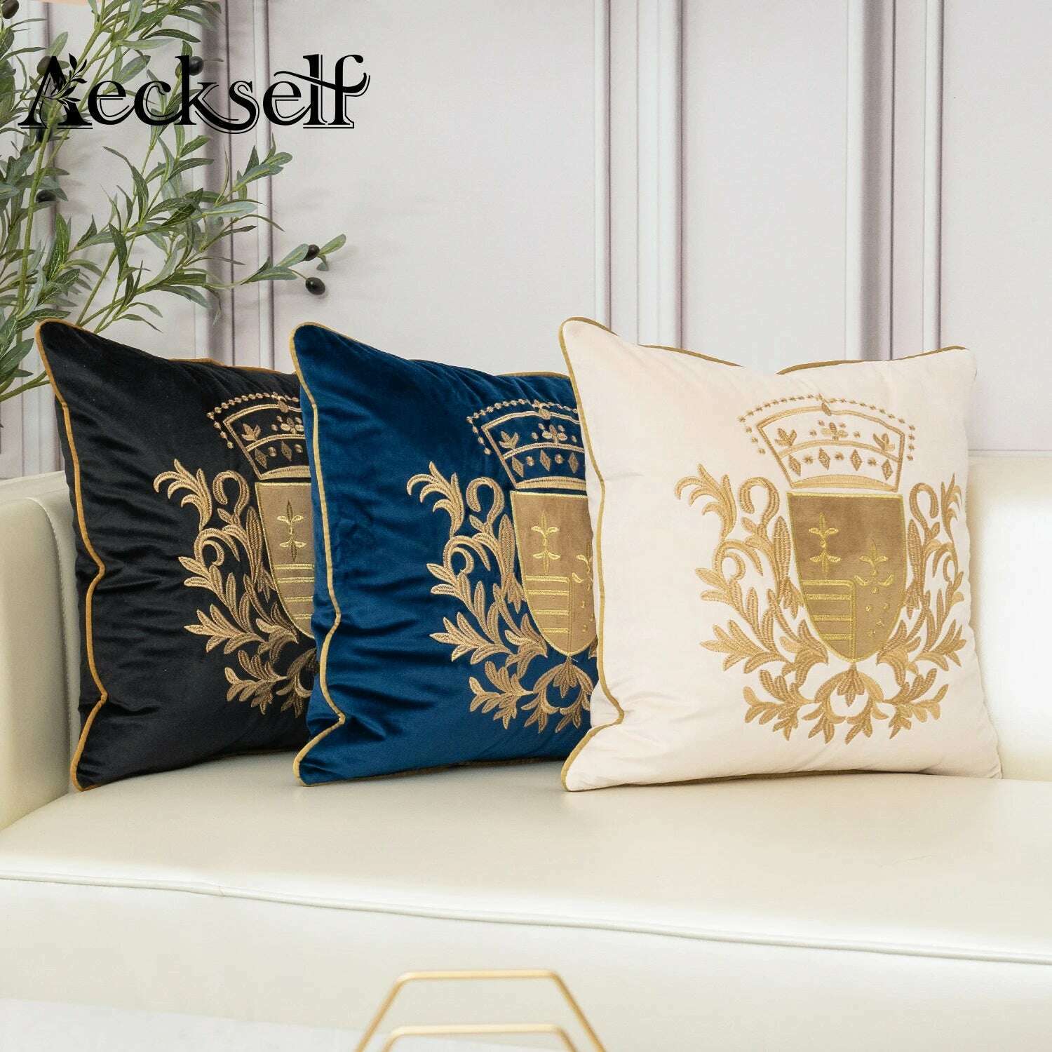 KIMLUD, Aeckself Luxury European Embroidery Velvet Cushion Cover Home Decor Navy Blue Gold Beige Black Throw Pillow Case, KIMLUD Womens Clothes