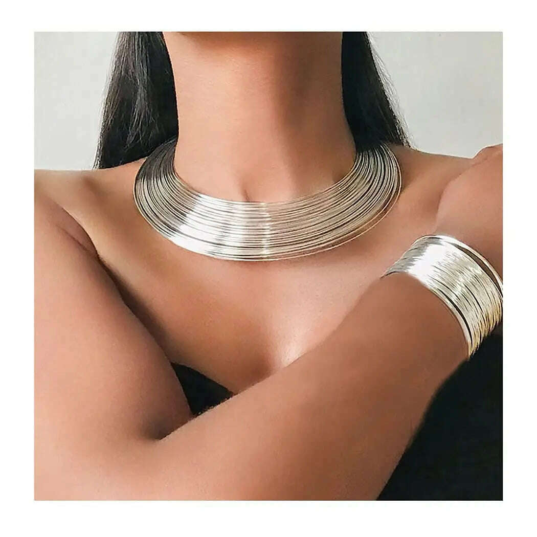 KIMLUD, African Neck Choker Gold Plated Multilayer Choker Open Bib Bracelet Chunky Hoop Earrings Ring Set Fashion Jewelry Women Jewelry, KIMLUD Womens Clothes