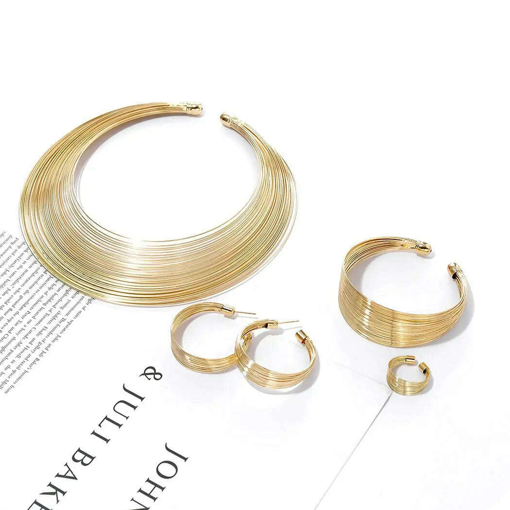 KIMLUD, African Neck Choker Gold Plated Multilayer Choker Open Bib Bracelet Chunky Hoop Earrings Ring Set Fashion Jewelry Women Jewelry, KIMLUD Womens Clothes