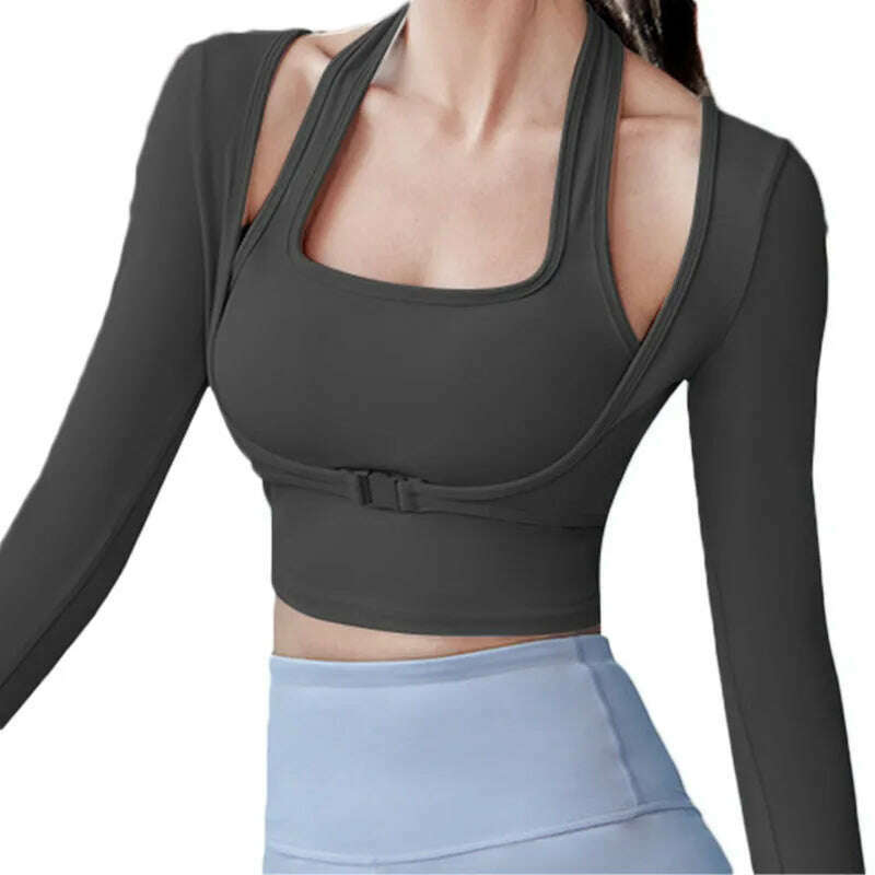 KIMLUD, Aiithuug Padded Gym Shirts Long Sleeve Women Yoga Shirts Fake Two Pieces Fitness Tops with Underbust Fastener Sexy Workout Top, black / S, KIMLUD APPAREL - Womens Clothes