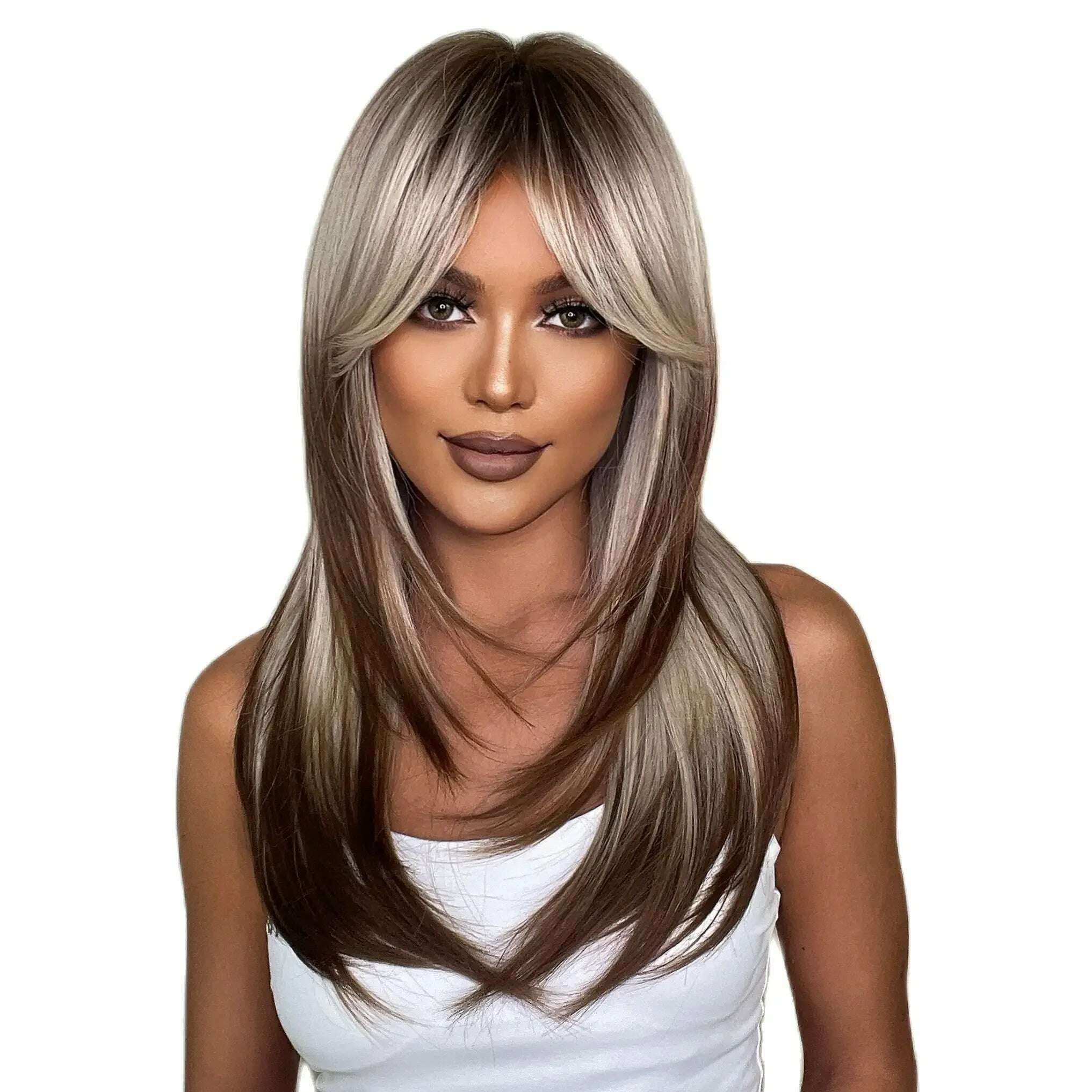 KIMLUD, ALAN EATON Blonde Layered Synthetic Wigs for Women Long Straight Brown Highlights Wigs with Bangs Balayage Hair Heat Resistant, KIMLUD Womens Clothes