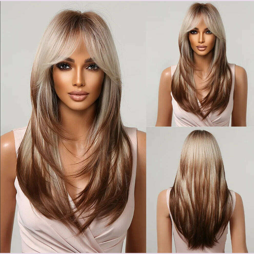 ALAN EATON Blonde Layered Synthetic Wigs for Women Long Straight Brown Highlights Wigs with Bangs Balayage Hair Heat Resistant - KIMLUD