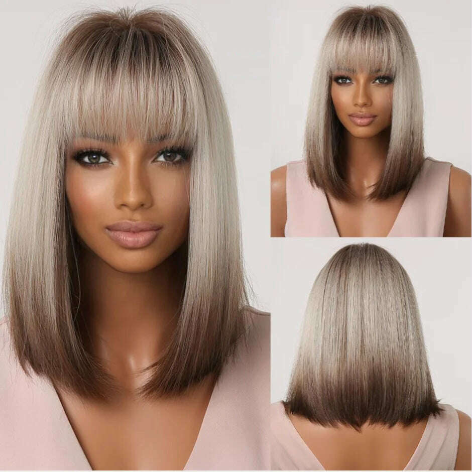 ALAN EATON Blonde Layered Synthetic Wigs for Women Long Straight Brown Highlights Wigs with Bangs Balayage Hair Heat Resistant - KIMLUD