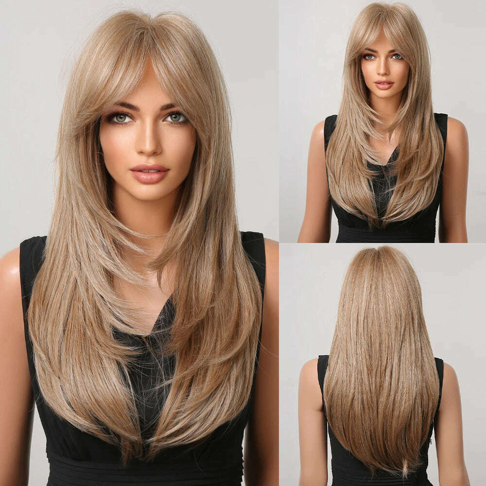 KIMLUD, ALAN EATON Blonde Layered Synthetic Wigs for Women Long Straight Brown Highlights Wigs with Bangs Balayage Hair Heat Resistant, LC259-22 / CHINA, KIMLUD APPAREL - Womens Clothes