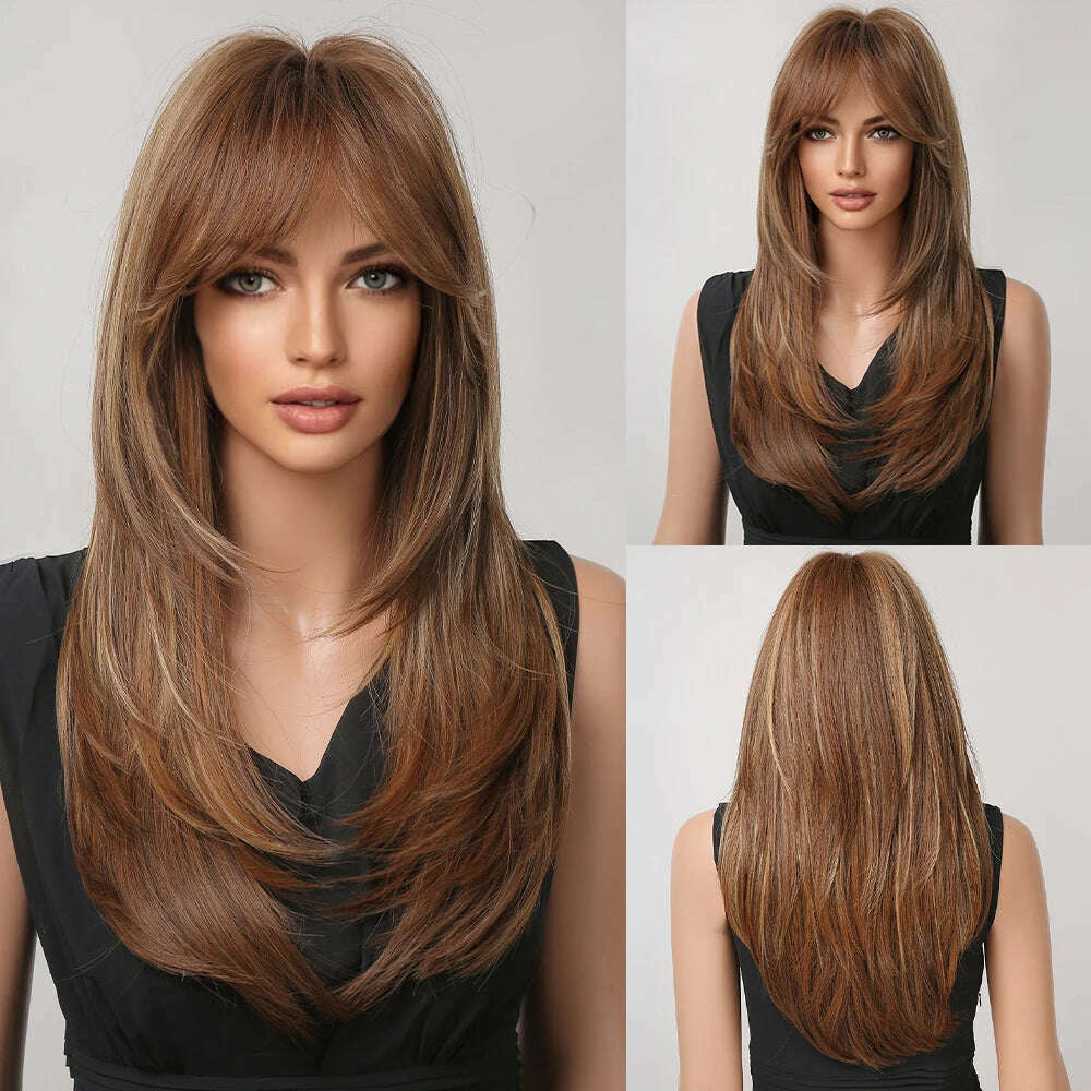 ALAN EATON Blonde Layered Synthetic Wigs for Women Long Straight Brown Highlights Wigs with Bangs Balayage Hair Heat Resistant - KIMLUD