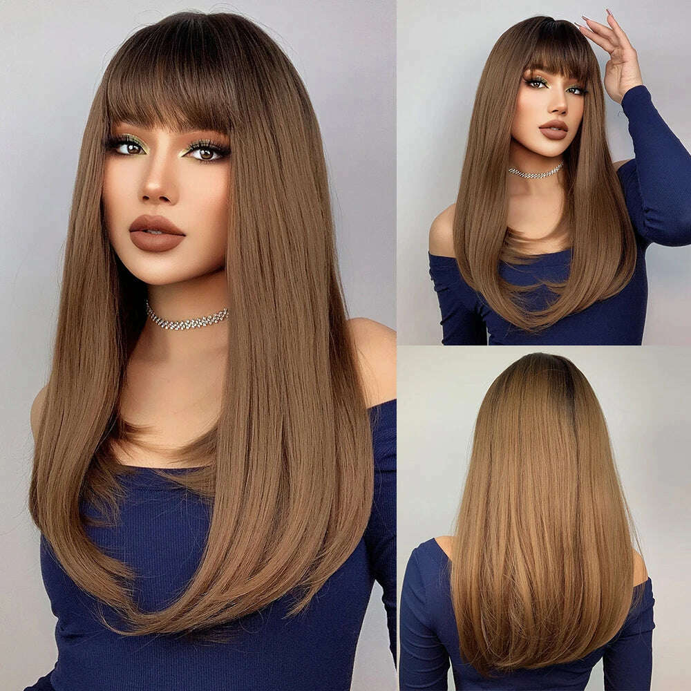 ALAN EATON Blonde Layered Synthetic Wigs for Women Long Straight Brown Highlights Wigs with Bangs Balayage Hair Heat Resistant - KIMLUD