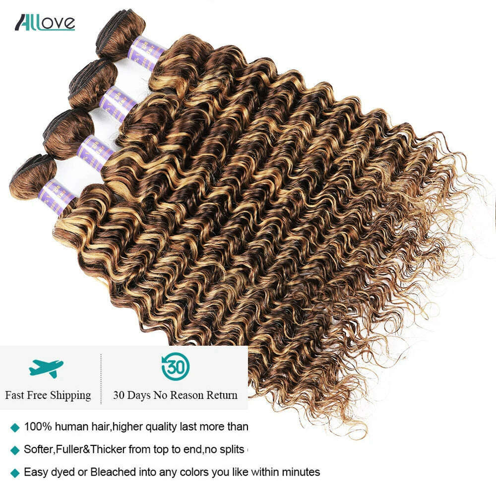 KIMLUD, Allove Highlight Bundles With Closure Deep Wave Human Hair Bundles With 4x4 Transparent Lace Closure Ombre Honey Brown Remy Hair, KIMLUD Womens Clothes