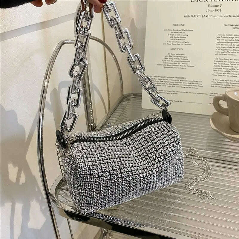 KIMLUD, Allover Rhinestone Bucket Bag, Glitter Chain Prom Purse, Women's Mini Crossbody Bag (6.3*3.54) Inch, KIMLUD Womens Clothes