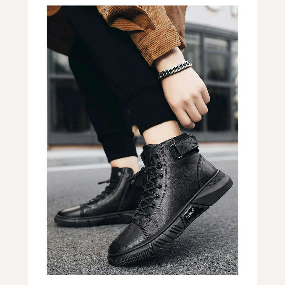 KIMLUD, Ankle Boots Black PU Leather Men&#39;s Sports Shoes Autumn Winter Comfortable High-top Casual Fashion Platform Boots Man Round Head, KIMLUD Womens Clothes