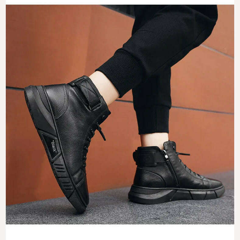 KIMLUD, Ankle Boots Black PU Leather Men&#39;s Sports Shoes Autumn Winter Comfortable High-top Casual Fashion Platform Boots Man Round Head, KIMLUD Womens Clothes