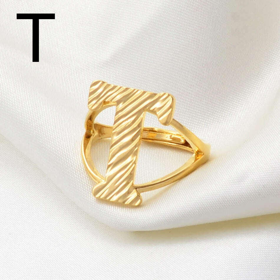 Anniyo A-Z Letters Ring Women Girl Gold Color African Initial Rings Resizable English Jewelry Alphabet Finger Ring Arab #241206 - KIMLUD