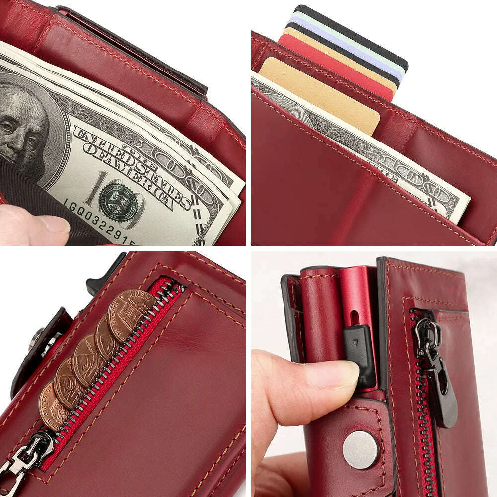 KIMLUD, Anti-scan Magnet Credit Card Holder Wallet Genuine Leather Automatic Pop Out Aluminum Smart Wallets Luxury AirTag Purse Set, KIMLUD Womens Clothes