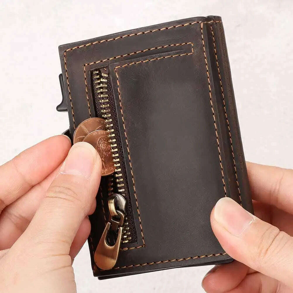 Anti-scan Magnet Credit Card Holder Wallet Genuine Leather Automatic Pop Out Aluminum Smart Wallets Luxury AirTag Purse Set - KIMLUD