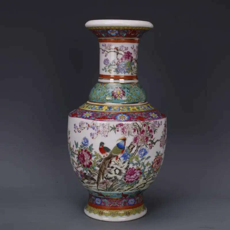 Antique vase with enamel, flowers and birds in Qianlong period of Qing Dynasty - KIMLUD