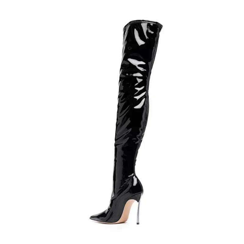 KIMLUD, Arden Furtado 2024 black over the knee boots for women Shiny Leather stiletto heels Sexy  Pointed toe  fall boots for women 2024, KIMLUD Womens Clothes