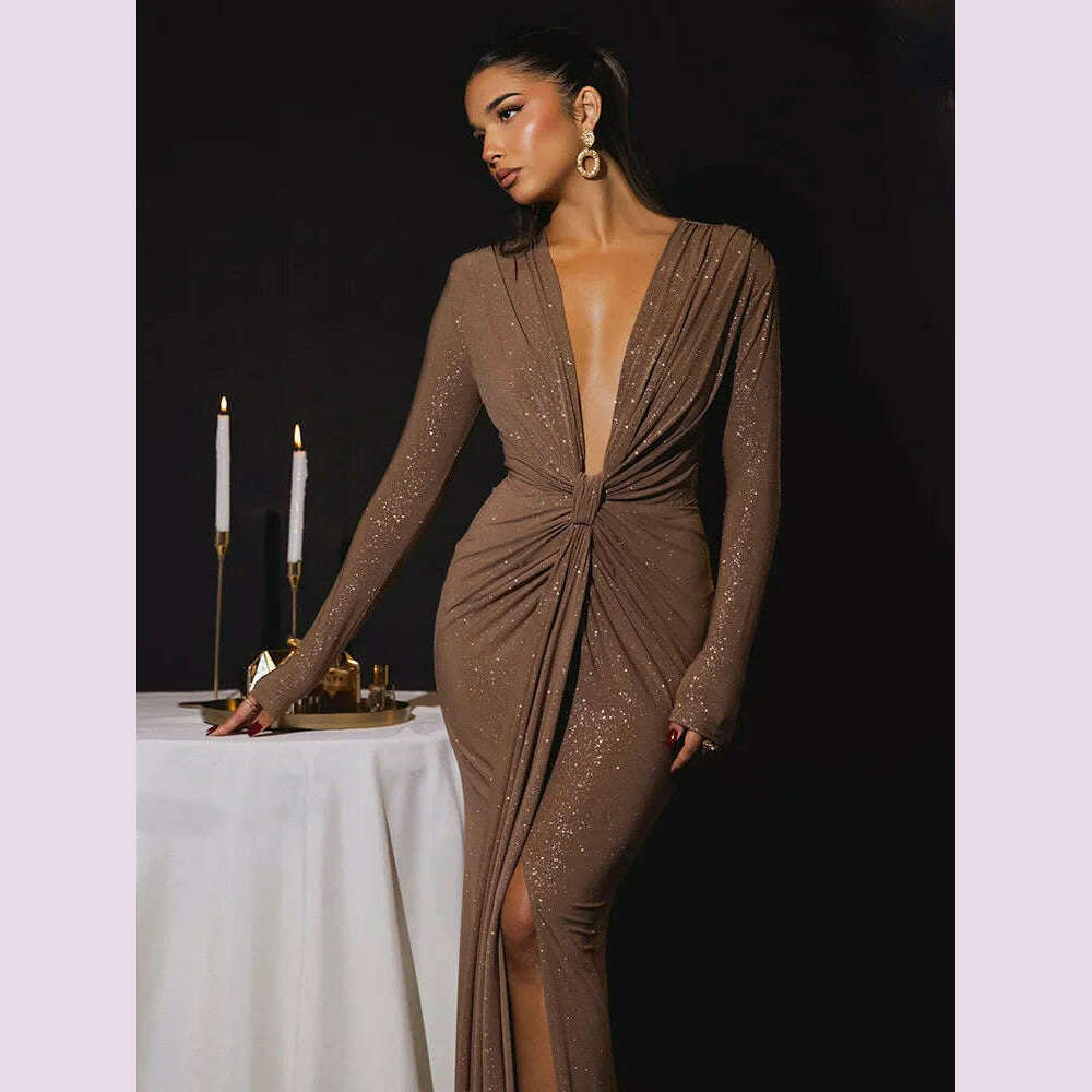 Articat Elegant Long Sleeve Elastic Tight Party Evening Dress For Women Sexy Deep V-Fold Lace Vestido Autumn/Winter New 2025 - KIMLUD