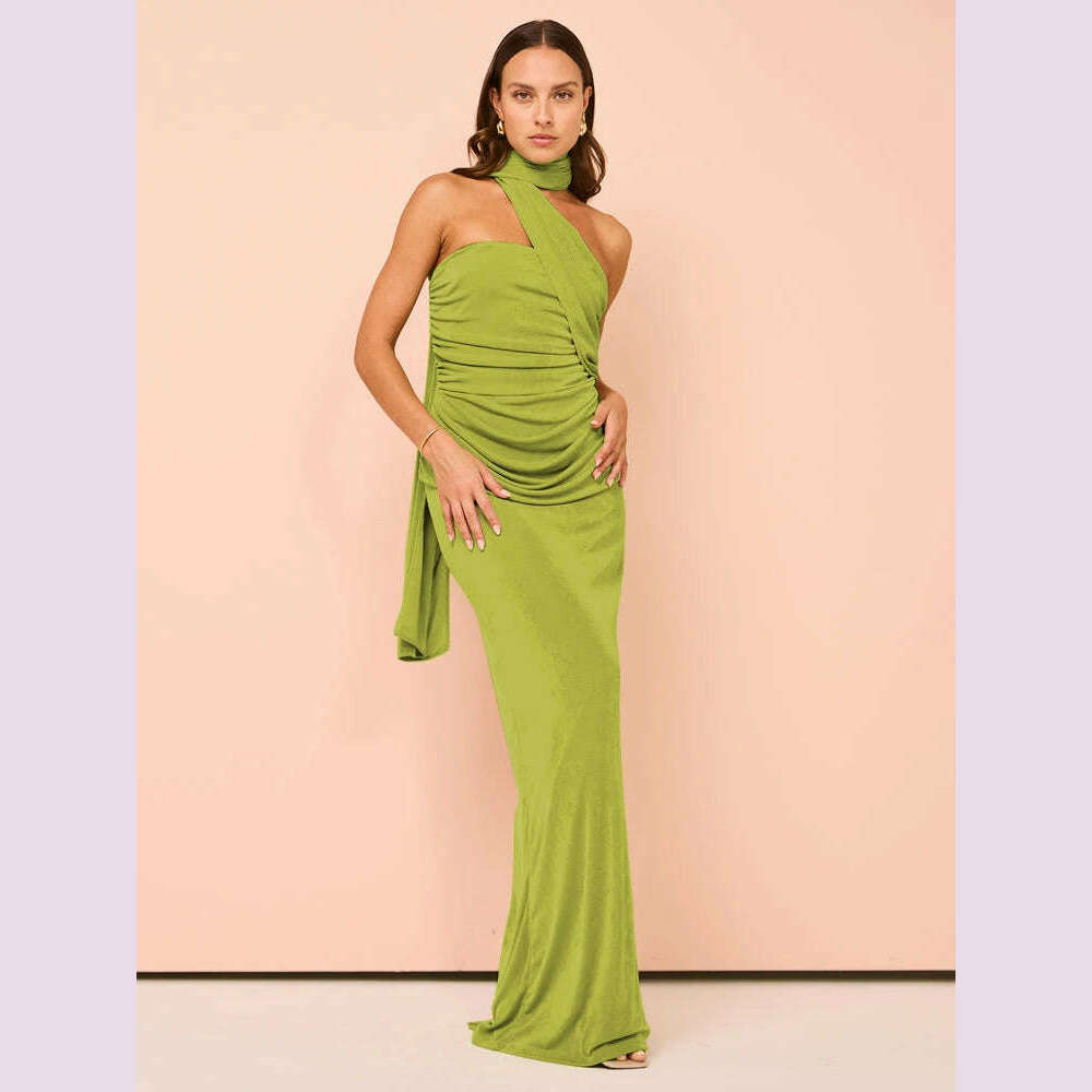 KIMLUD, Articat  Elegant Sleeveless Zipper Slim Evening Dress Women Neck Tie Up Elastic Tight Elegant Party Club Female Vestido 2024, Green / L, KIMLUD Womens Clothes