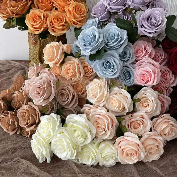 Artificial Silk Rose Bouquet Romantic Wedding Bridal Bouquet Home Garden Desktop Flower Arrangement Photography Fake Flowers - KIMLUD