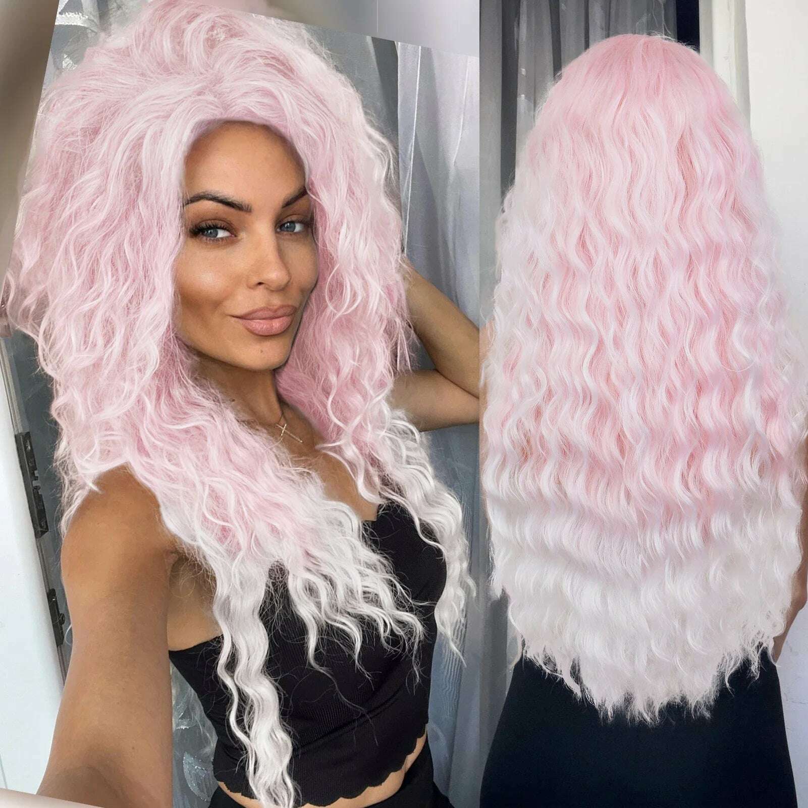 KIMLUD, Ash Blonde Curly Wig Synthetic Long Curly Hair Wigs for Women Fluffy Hairstyle Wave Ombre Wig Costume Carnival Party Regular Wig, Ombre Pink / 26inches, KIMLUD APPAREL - Womens Clothes