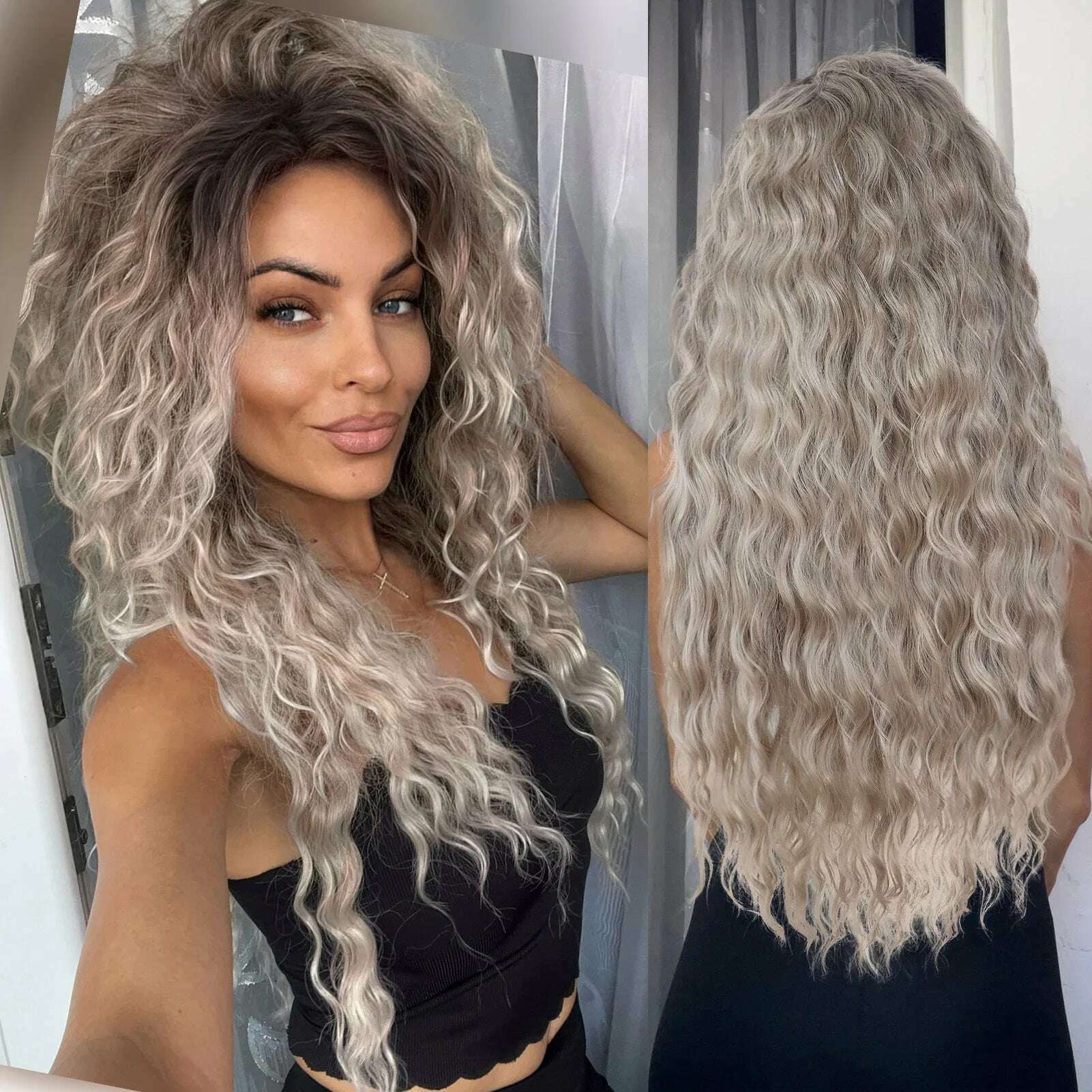 KIMLUD, Ash Blonde Curly Wig Synthetic Long Curly Hair Wigs for Women Fluffy Hairstyle Wave Ombre Wig Costume Carnival Party Regular Wig, 796-2 / 26inches, KIMLUD APPAREL - Womens Clothes