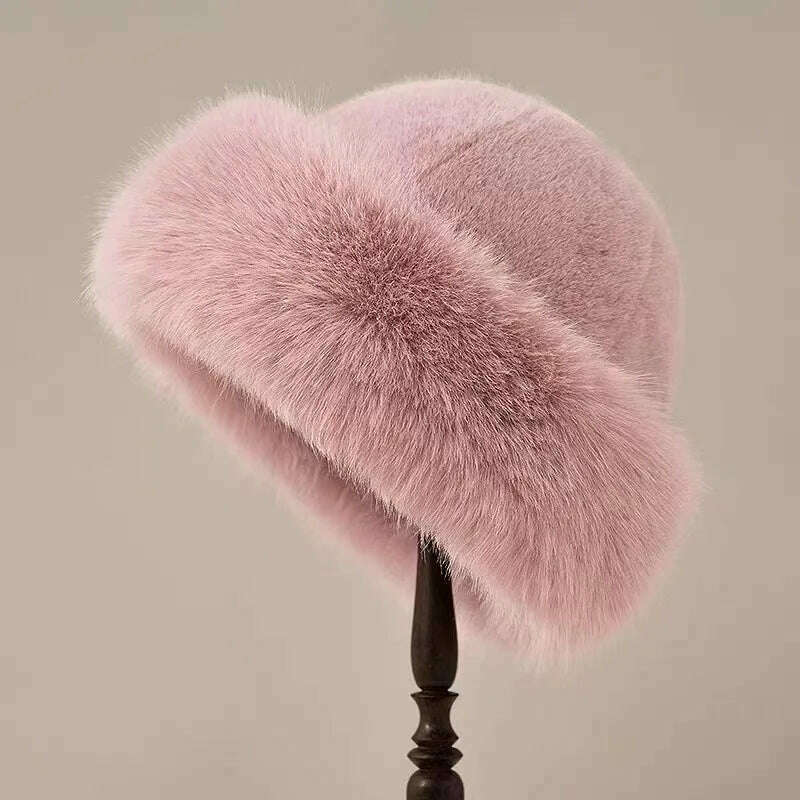 KIMLUD, Autumn And Winter 2024 New Women's Fashion Fur Cap Fur Hat Fur Hats Mongolian Hat Brimless Plush Fluffy Skiing Riding Warm Caps, Pink, KIMLUD APPAREL - Womens Clothes