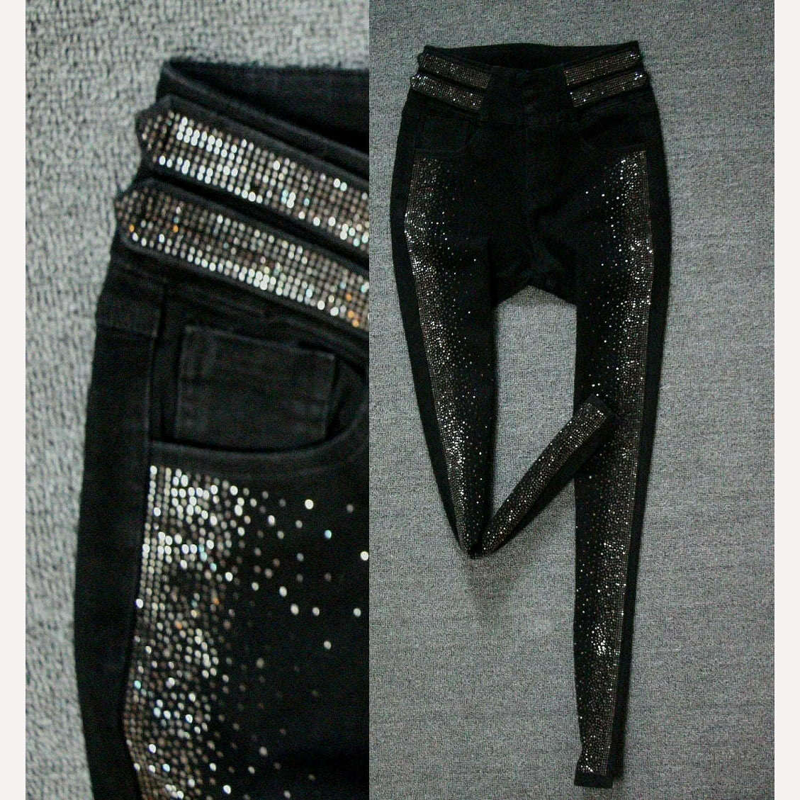 Autumn High-End 2023 High Waist Rhinestone Bling Gradient Gray Black Skinny Jeans Women Cotton Stretch Slim Fit Denim Boot Pants - KIMLUD