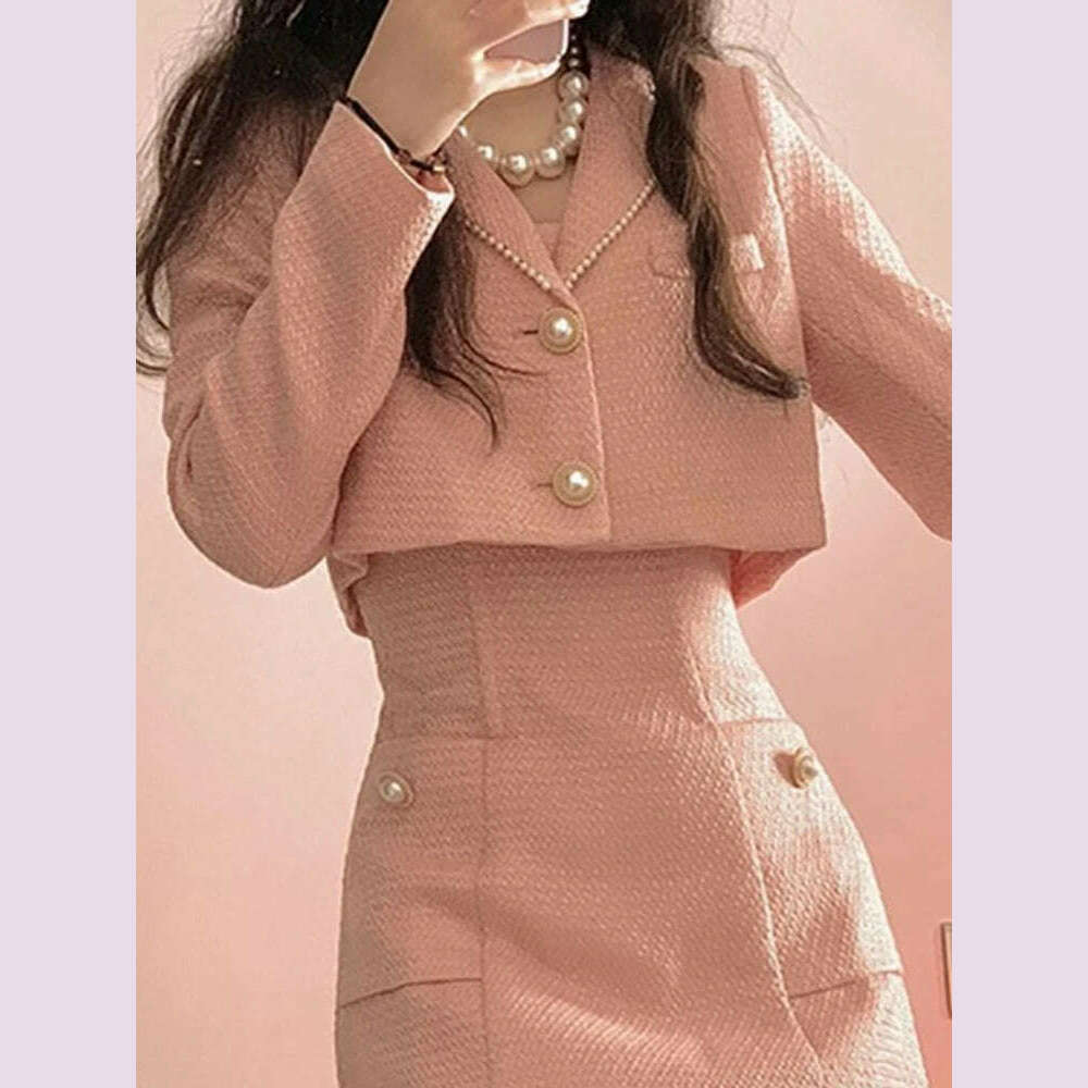 KIMLUD, Autumn Pink Elegant Two Piece Set Women Korean Style Balzer Coat+Strap Mini Dress Set Female Solid Casual Slim Designer Set 2022, KIMLUD Womens Clothes