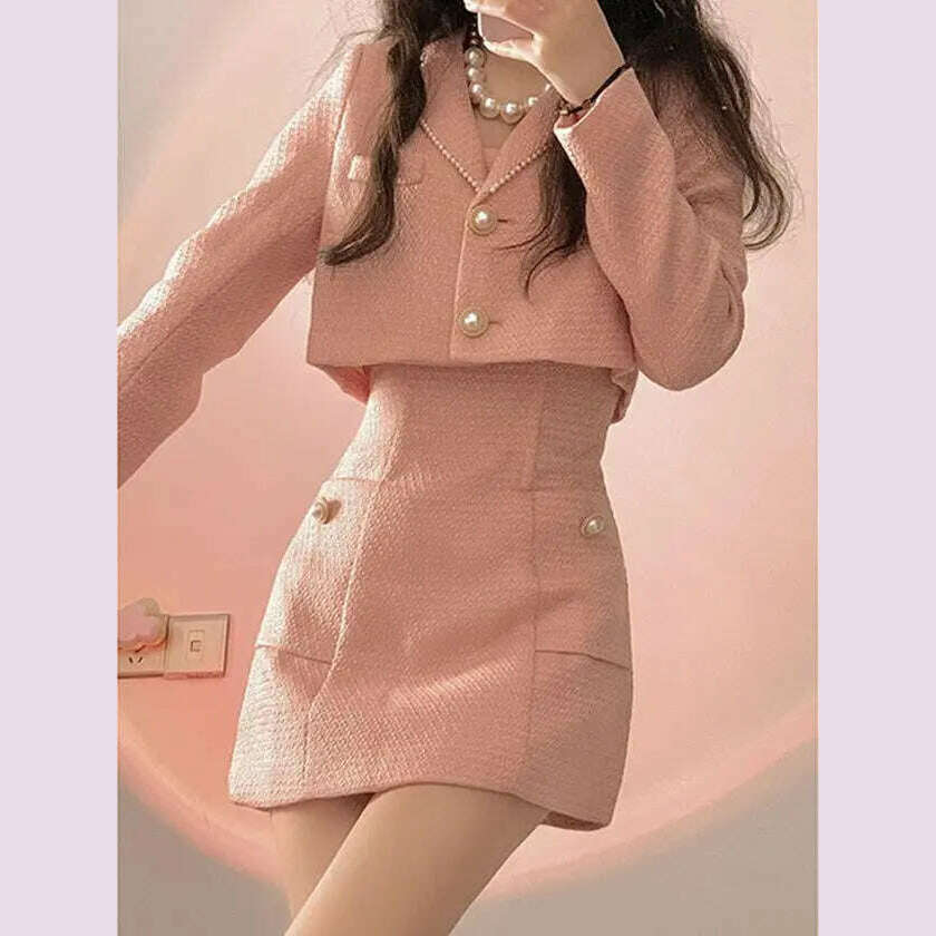 KIMLUD, Autumn Pink Elegant Two Piece Set Women Korean Style Balzer Coat+Strap Mini Dress Set Female Solid Casual Slim Designer Set 2022, KIMLUD Womens Clothes