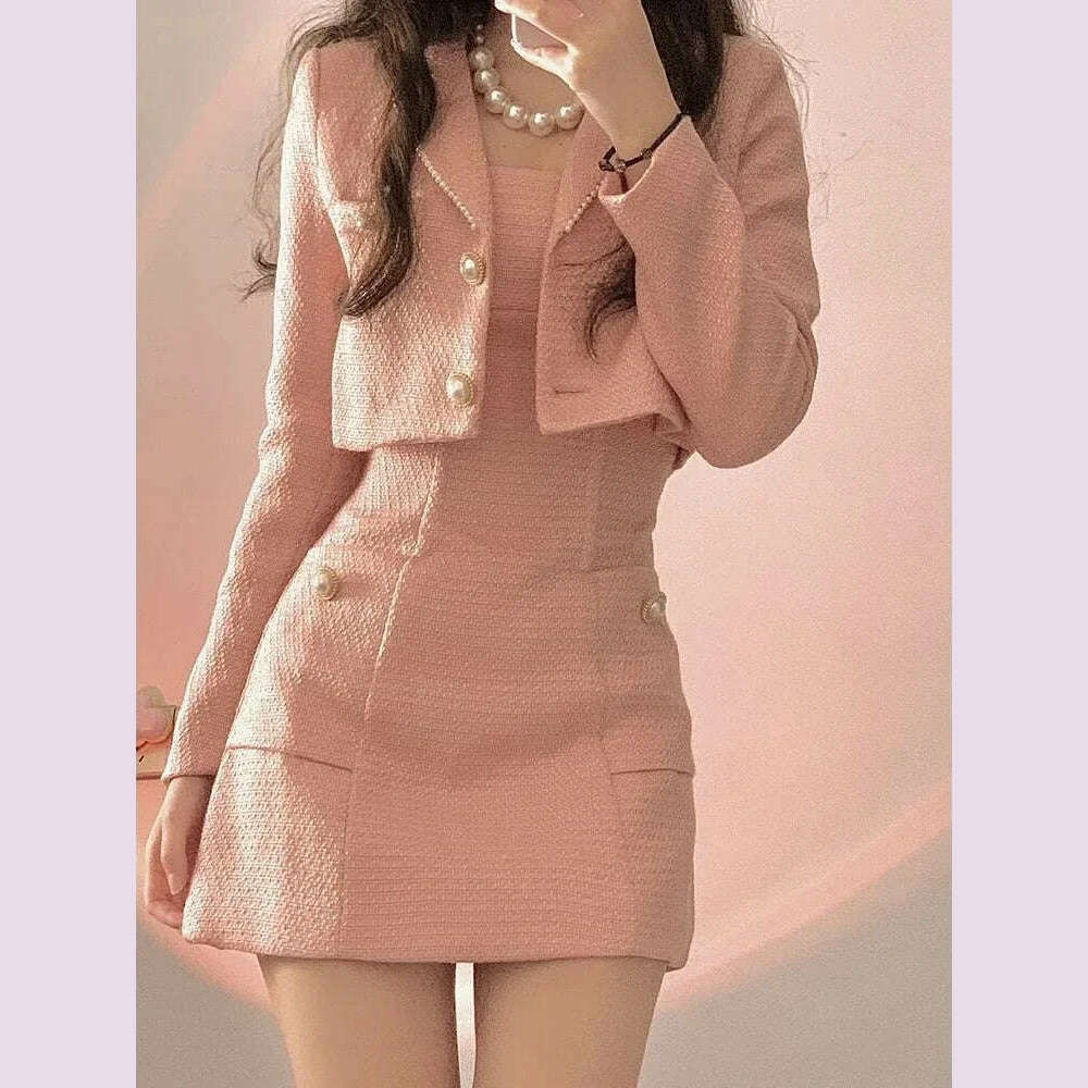 KIMLUD, Autumn Pink Elegant Two Piece Set Women Korean Style Balzer Coat+Strap Mini Dress Set Female Solid Casual Slim Designer Set 2022, KIMLUD Womens Clothes