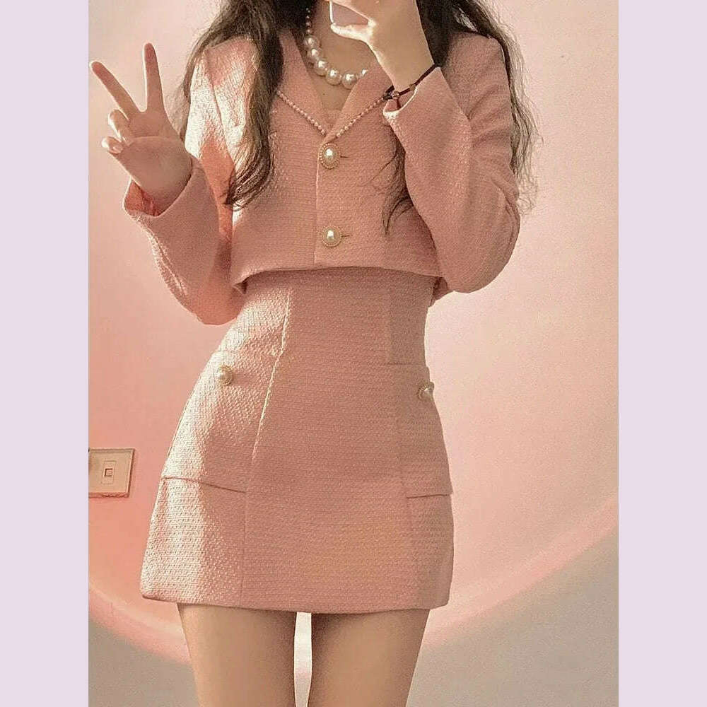 KIMLUD, Autumn Pink Elegant Two Piece Set Women Korean Style Balzer Coat+Strap Mini Dress Set Female Solid Casual Slim Designer Set 2022, KIMLUD Womens Clothes