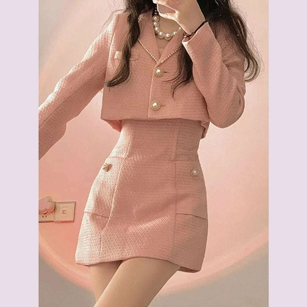 KIMLUD, Autumn Pink Elegant Two Piece Set Women Korean Style Balzer Coat+Strap Mini Dress Set Female Solid Casual Slim Designer Set 2023, KIMLUD Womens Clothes