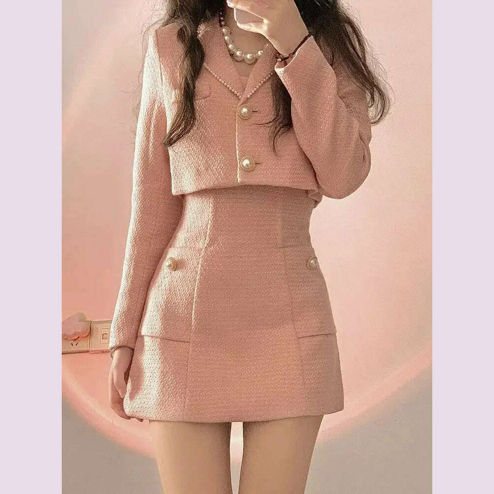 KIMLUD, Autumn Pink Elegant Two Piece Set Women Korean Style Balzer Coat+Strap Mini Dress Set Female Solid Casual Slim Designer Set 2023, KIMLUD Womens Clothes