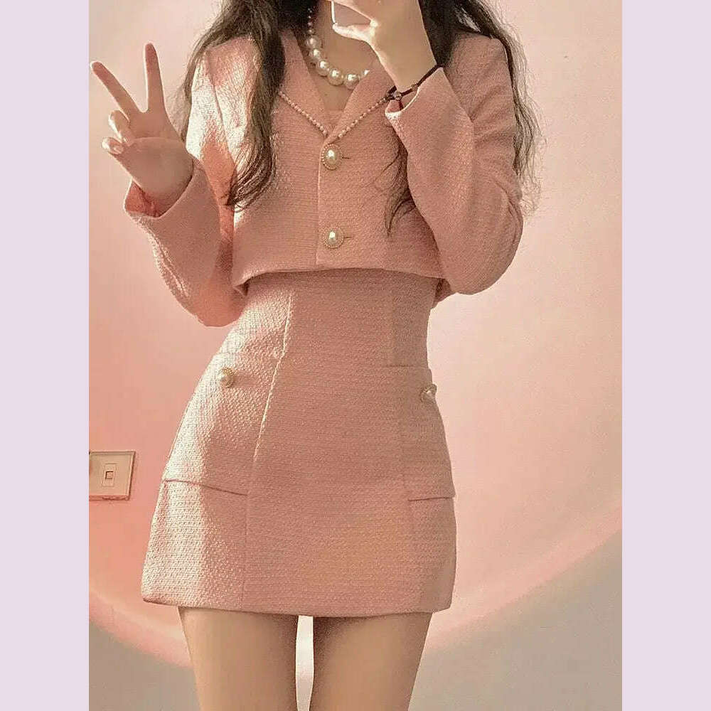 KIMLUD, Autumn Pink Elegant Two Piece Set Women Korean Style Balzer Coat+Strap Mini Dress Set Female Solid Casual Slim Designer Set 2023, KIMLUD Womens Clothes