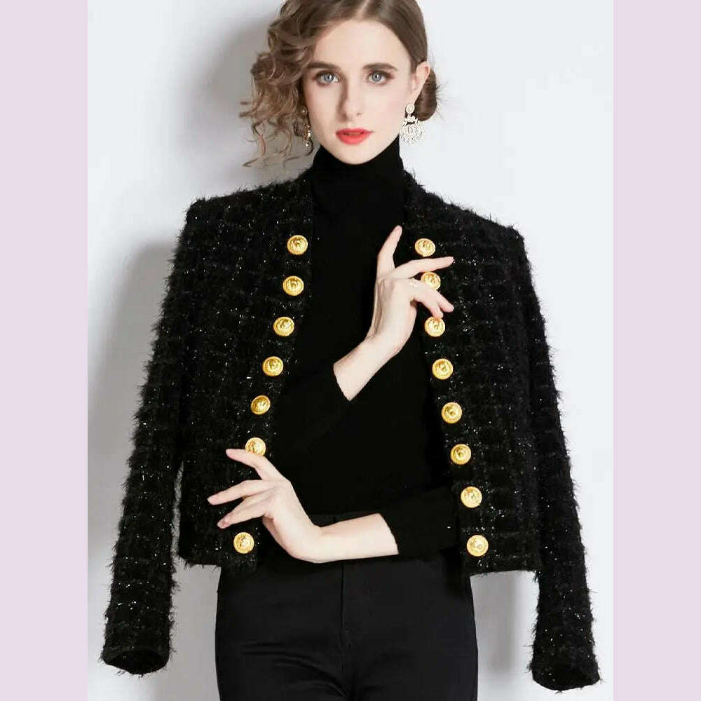 KIMLUD, Autumn Winter New Metal Double Breasted Tassel Bright Silk Wool Jacket Coat Women Black Tweed Short Cardigan Slim Outwear Top, KIMLUD Womens Clothes