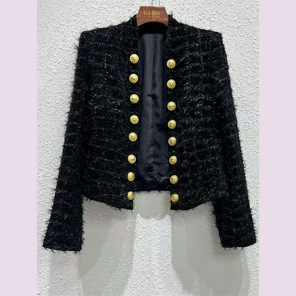 KIMLUD, Autumn Winter New Metal Double Breasted Tassel Bright Silk Wool Jacket Coat Women Black Tweed Short Cardigan Slim Outwear Top, KIMLUD Womens Clothes