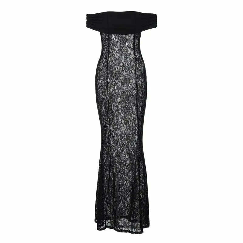 KIMLUD, Autumn Winter Off Shoulder Backless Sexy Party Club See Through Maxi Long Lace Dress Women Short Sleeve Bodycon Dresses Vestido, KIMLUD Womens Clothes