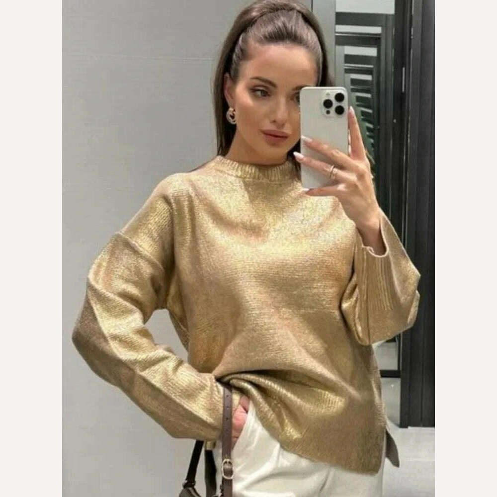 Autumn Winter Women Fashion Gold Color Sweaters Causal Long Sleeve Bright Silk Knit Pullover Elegant Office Ladies Loose Jumpers - KIMLUD